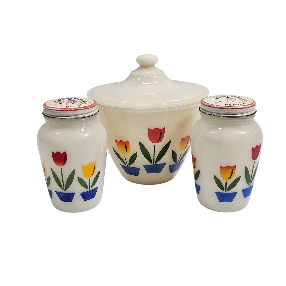 Fire-King Tulip Milk Glass Range Set Grease Jar Salt Pepper Shakers Vintage 3pc